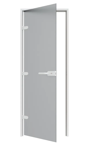 Дверь стеклянная с замком Gratec Alma WH, белый короб и фурнитура, серое матовое закаленное стекло 8 мм
