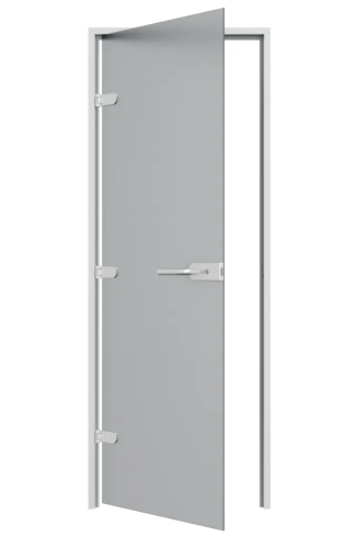 Дверь стеклянная с замком Gratec Alma SR, серебристый короб и фурнитура, серое матовое закаленное стекло 8 мм