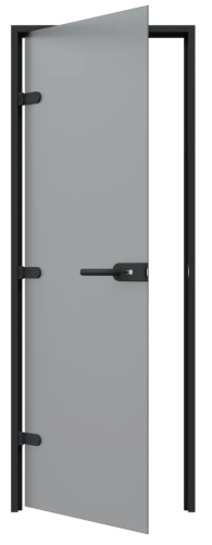 Дверь стеклянная с замком Gratec Alma BK, чёрные короб и фурнитура, серое матовое закаленное стекло 8 мм