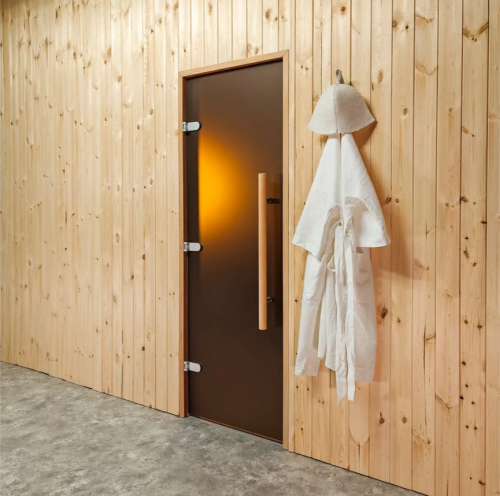 Дверь для бани и сауны Gratec Teia Premium 2025, короб из массива бука, бронза матовое Matelux закаленное стекло 8 мм фото 4