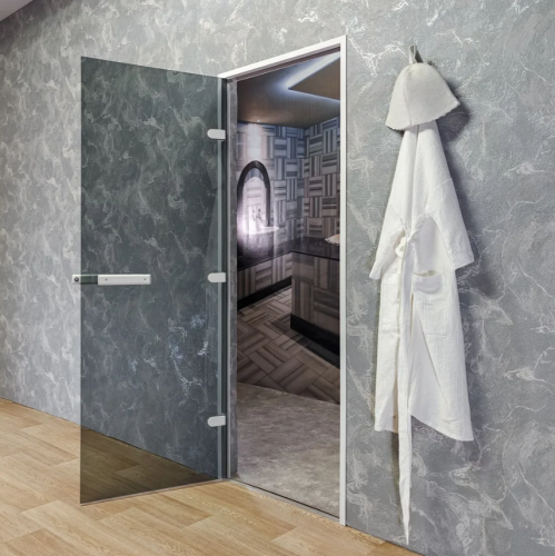 Дверь для хамам и сауны Gratec Estri White Premium, белый короб и фурнитура, серое прозрачное закаленное стекло 8 мм фото 4