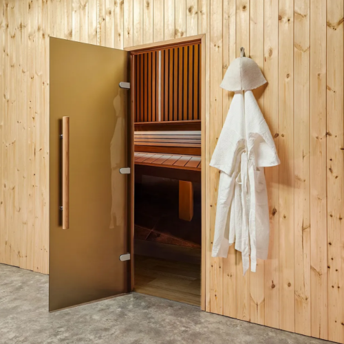 Дверь для бани и сауны Gratec Teia Premium 2025, короб из массива бука, бронза матовое Matelux закаленное стекло 8 мм фото 3