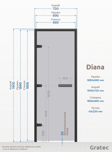 Дверь для хамам и сауны Gratec Diana Black Premium, чёрные короб и фурнитура, серое прозрачное закаленное стекло, магнитный уплотнитель