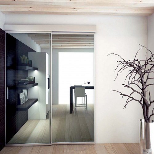 Дверь одинарная раздвижная с стеклянной перегородкой