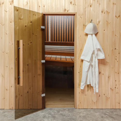 Дверь для бани и сауны Gratec Teia Premium 2025, короб из массива бука, закаленное стекло 8 мм бронза фото 3