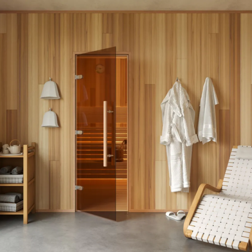 Дверь для бани и сауны Gratec Teia Premium 2025, короб из массива бука, закаленное стекло 8 мм бронза фото 4