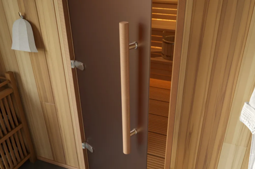 Дверь для бани и сауны Gratec Teia Premium 2025, короб из массива бука, бронза матовое Matelux закаленное стекло 8 мм фото 5