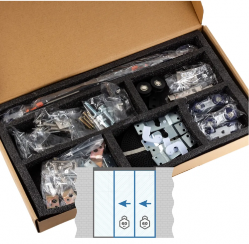 Раздвижная система для дверей до 60+60 кг, две створки телескопического открывания с доводчиком и одна фиксированная арт. G-3810-R2T-F1