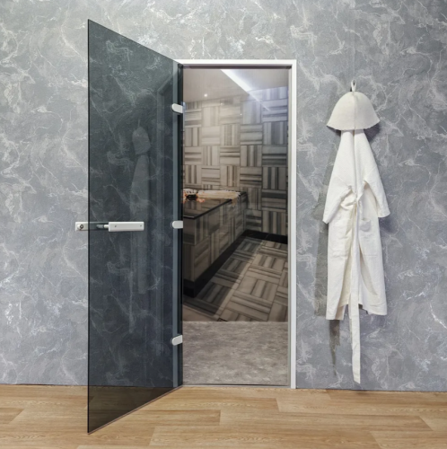 Дверь для хамам и сауны Gratec Estri White Premium, белый короб и фурнитура, серое прозрачное закаленное стекло 8 мм фото 3