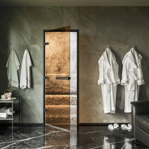 Дверь для хамам и сауны Gratec Estri Black Premium, чёрные короб и фурнитура, бронза прозрачное закаленное стекло 8 мм фото 2