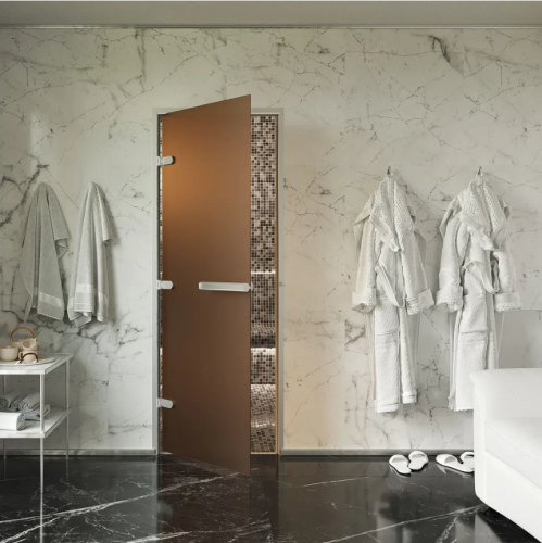 Дверь для хамам и сауны Gratec Estri Silver Premium, бронза Matelux матовое закаленное стекло 8 мм фото 2