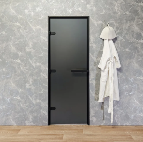 Дверь для хамам и сауны Gratec Estri Black Premium, чёрные короб и фурнитура, графит Matelux (серое матовое) закаленное стекло 8 мм фото 2