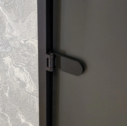 Дверь стеклянная с замком Gratec Alma BK, чёрные короб и фурнитура, серое матовое закаленное стекло 8 мм фото 2