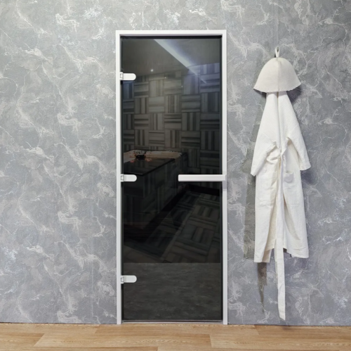 Дверь для хамам и сауны Gratec Estri White Premium, белый короб и фурнитура, серое прозрачное закаленное стекло 8 мм