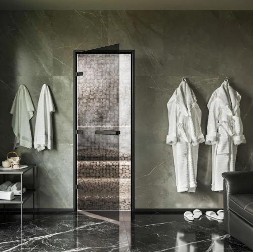 Дверь для хамам и сауны Gratec Estri Black Premium, чёрные короб и фурнитура, серое прозрачное закаленное стекло 8 мм фото 2