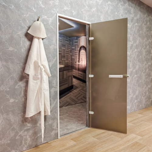 Дверь для хамам и сауны Gratec Estri White Premium, белый короб и фурнитура, бронза Matelux матовое закаленное стекло 8 мм фото 4