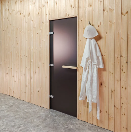 Дверь для бани и сауны Gratec Kati, короб из массива липы, серое матовое закаленное стекло 8 мм фото 2