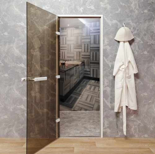 Дверь для хамам и сауны Gratec Estri White Premium, белый короб и фурнитура, бронза прозрачное закаленное стекло 8 мм фото 3