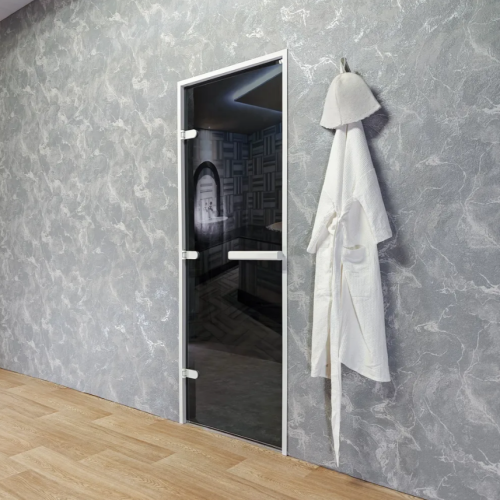 Дверь для хамам и сауны Gratec Estri White Premium, белый короб и фурнитура, серое прозрачное закаленное стекло 8 мм фото 2