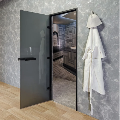 Дверь для хамам и сауны Gratec Estri Black Premium, чёрные короб и фурнитура, графит Matelux (серое матовое) закаленное стекло 8 мм фото 6