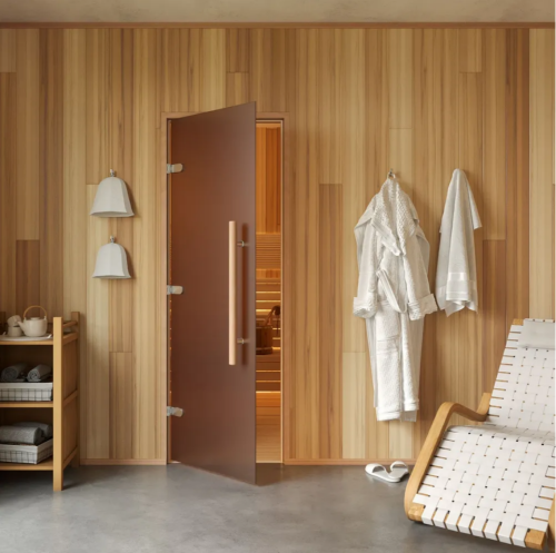 Дверь для бани и сауны Gratec Teia Premium 2025, короб из массива бука, бронза матовое Matelux закаленное стекло 8 мм фото 2