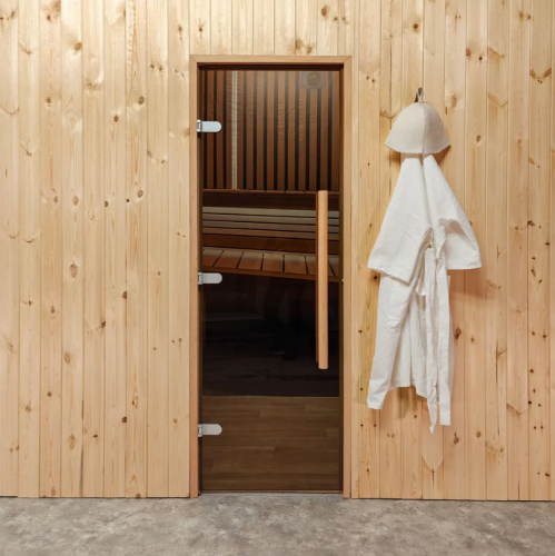 Дверь для бани и сауны Gratec Teia Premium 2025, короб из массива бука, закаленное стекло 8 мм бронза фото 2