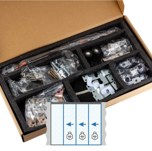 Раздвижная система для дверей до 60+60+60 кг, три створки телескопического открывания с доводчиком и одна фиксированная арт. G-3812-R3T-F1