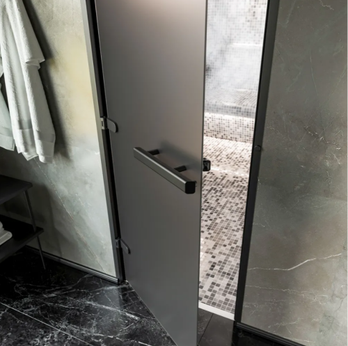 Дверь для хамам и сауны Gratec Estri Black Premium, чёрные короб и фурнитура, графит Matelux (серое матовое) закаленное стекло 8 мм фото 5