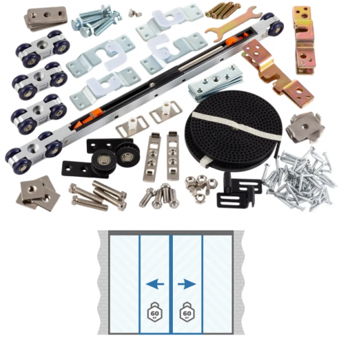 Раздвижная система для дверей до 60+60 кг, две синхронно-откатные створки с доводчиком и две фиксированные арт. G-3813-R2S-F2